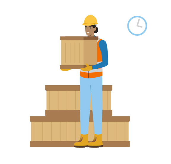 Woman in hard hat and boots holding a cardboard box.