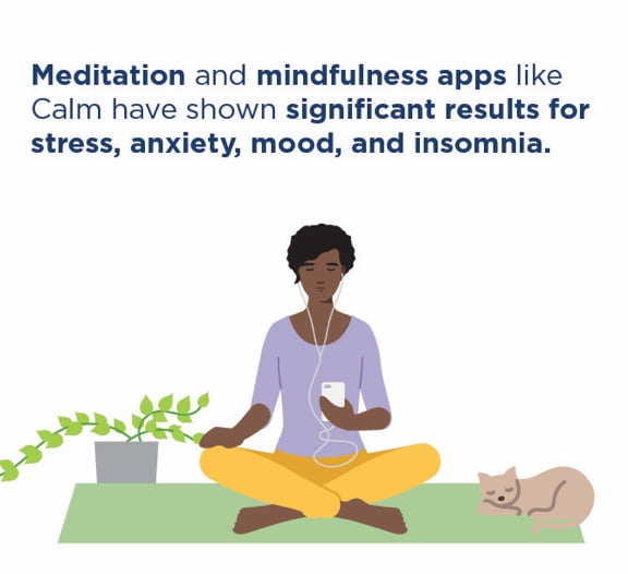 Illustration of a woman meditating with an app on a rug with caption: Meditation and mindfulness apps like Calm have shown significant results for stress, anxiety, mood, and insomnia.