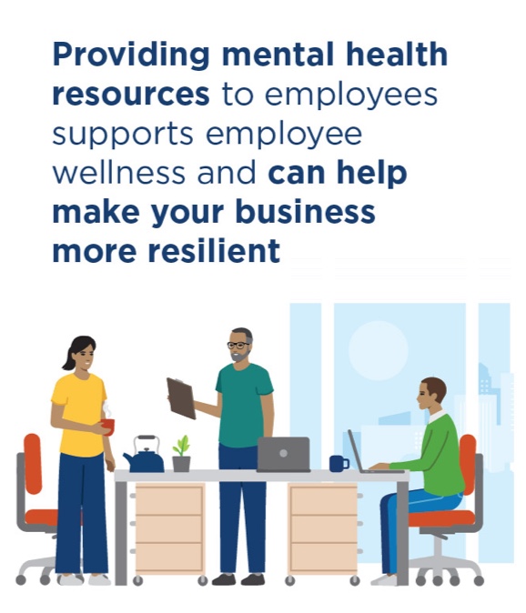 Illustration of a woman at her desk with a tea kettle speaking to two colleagues with caption: Providing mental health resources to employees supports employee wellness and can help make your business more resilient