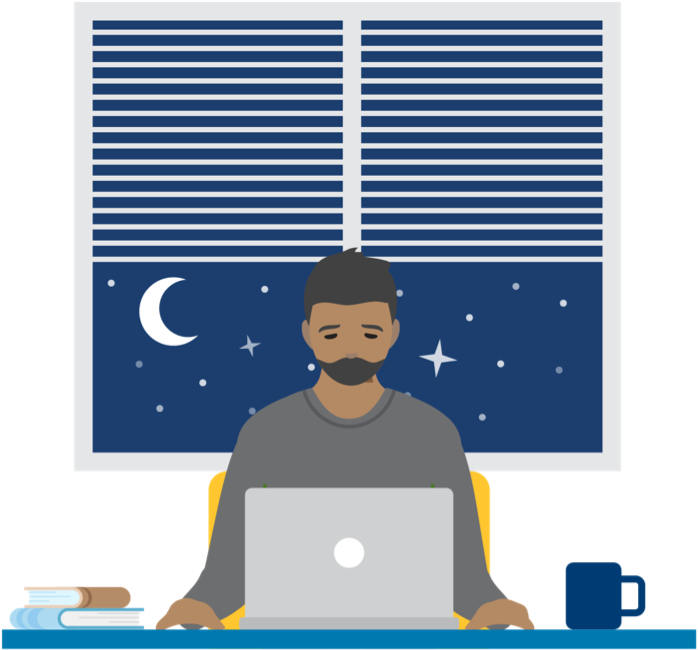 Illustration of a man working at his laptop at nighttime