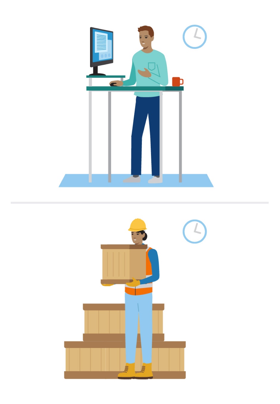 In one half of the image, a man works at a standing desk. In the other half, a woman with a hard hat carries a box.