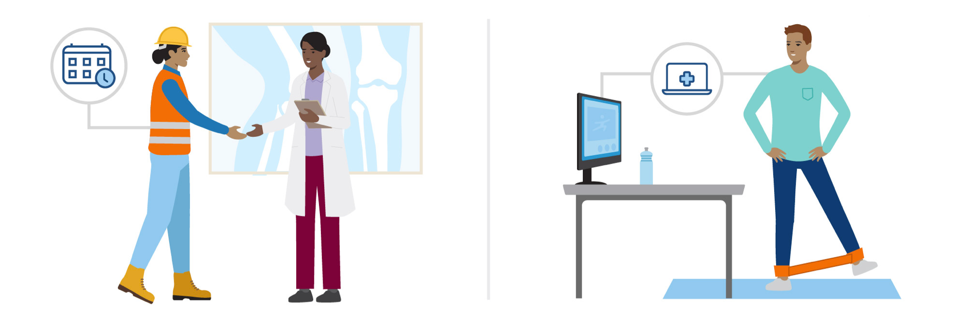 In one half of the image, a woman in a hard hat talks with her doctor. In the other half, a man uses his computer for virtual physical therapy.